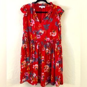 Loft Floral Midi Dress Medium Red Loose Oversized Relaxed Fit